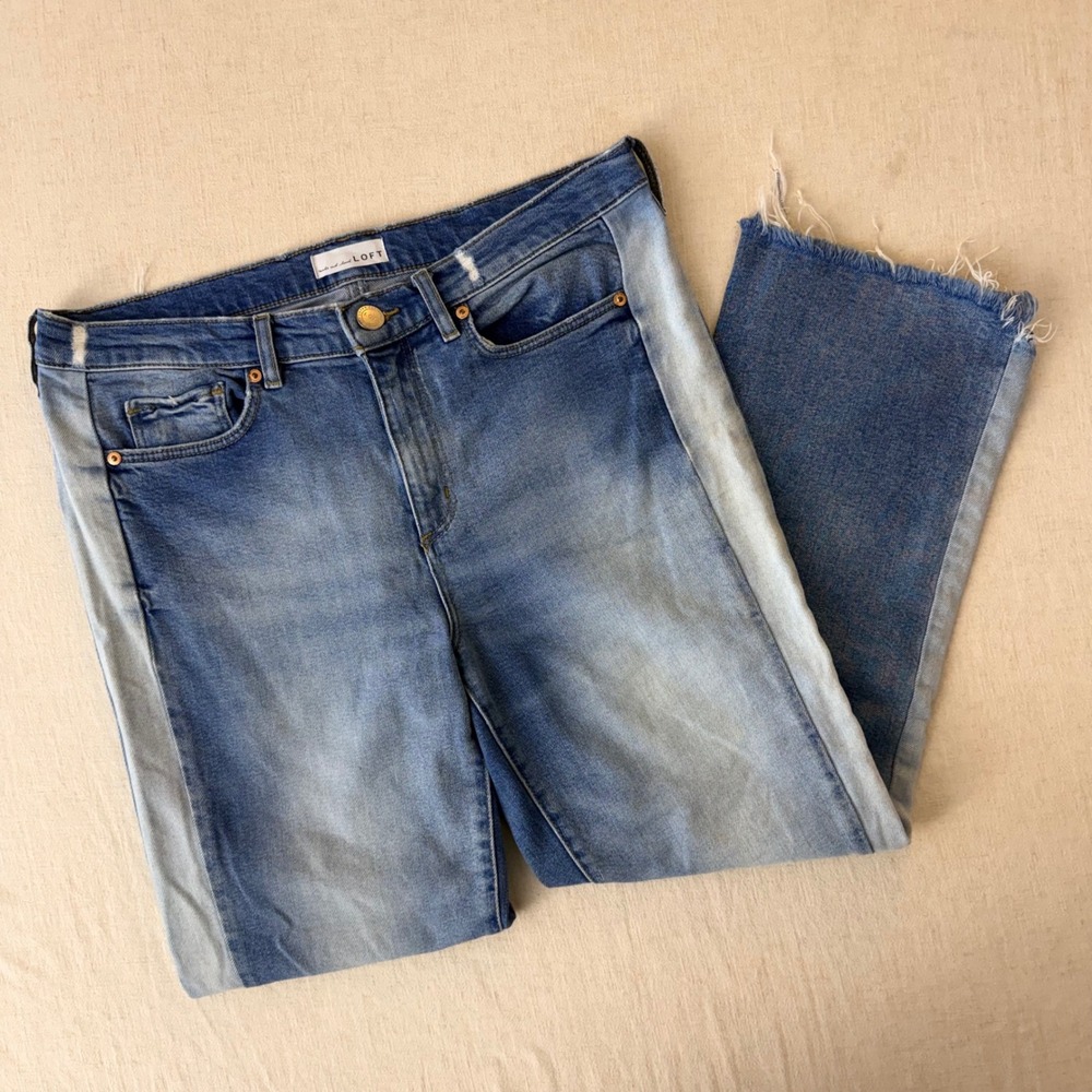 Loft Vintage Straight Two Tone Side Stripe‎ Raw Hem Jeans Blue 29/8 450578